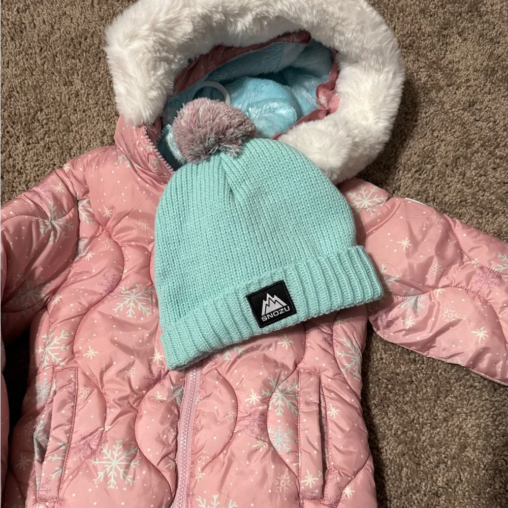 Snozu Pink Snowflake Puffer Jacket with Fur Hood - Picture 2 of 5